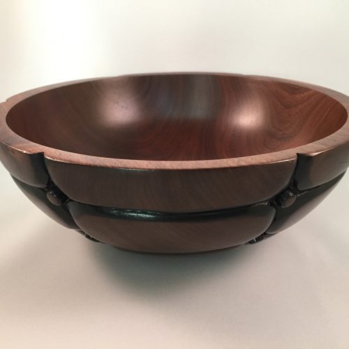 <p>Walnut Bowl<br />
Turned, carved, burned and<br />
milk painted<br />
9″ x 9″ x 3.5″</p>
